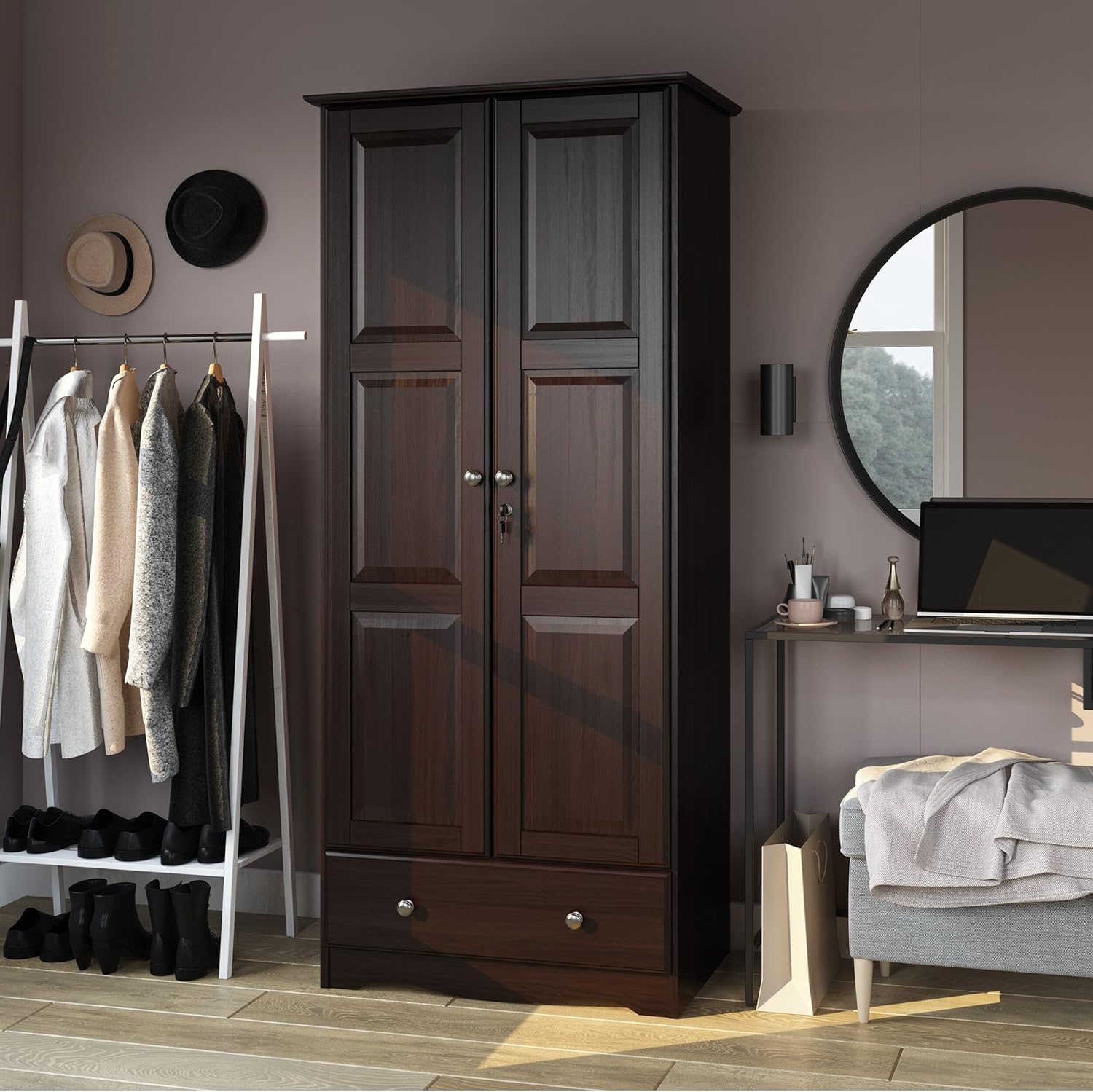 Solid Wood Flexible Wardrobe Armoire Mocha Stained Mahogany Finish k7