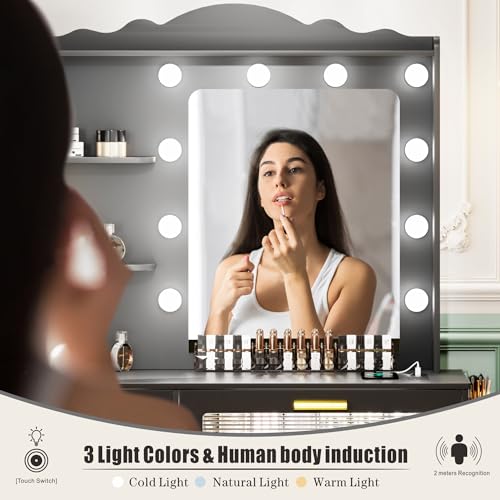 Vanity Desk with Mirror and Lights, 5 Drawers, White a7