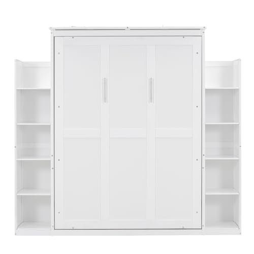 Murphy Bed Wall Bed with Shelves and LED Lights, Foldable Wood Cabinet White q7