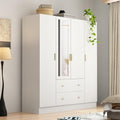 4-Door Armoire Wardrobe Closet with Mirror, 63" L Modern Wooden Bedroom Armoire with 2 Drawers, 2 Hanging Bars & 7 Shelves, Black Brown