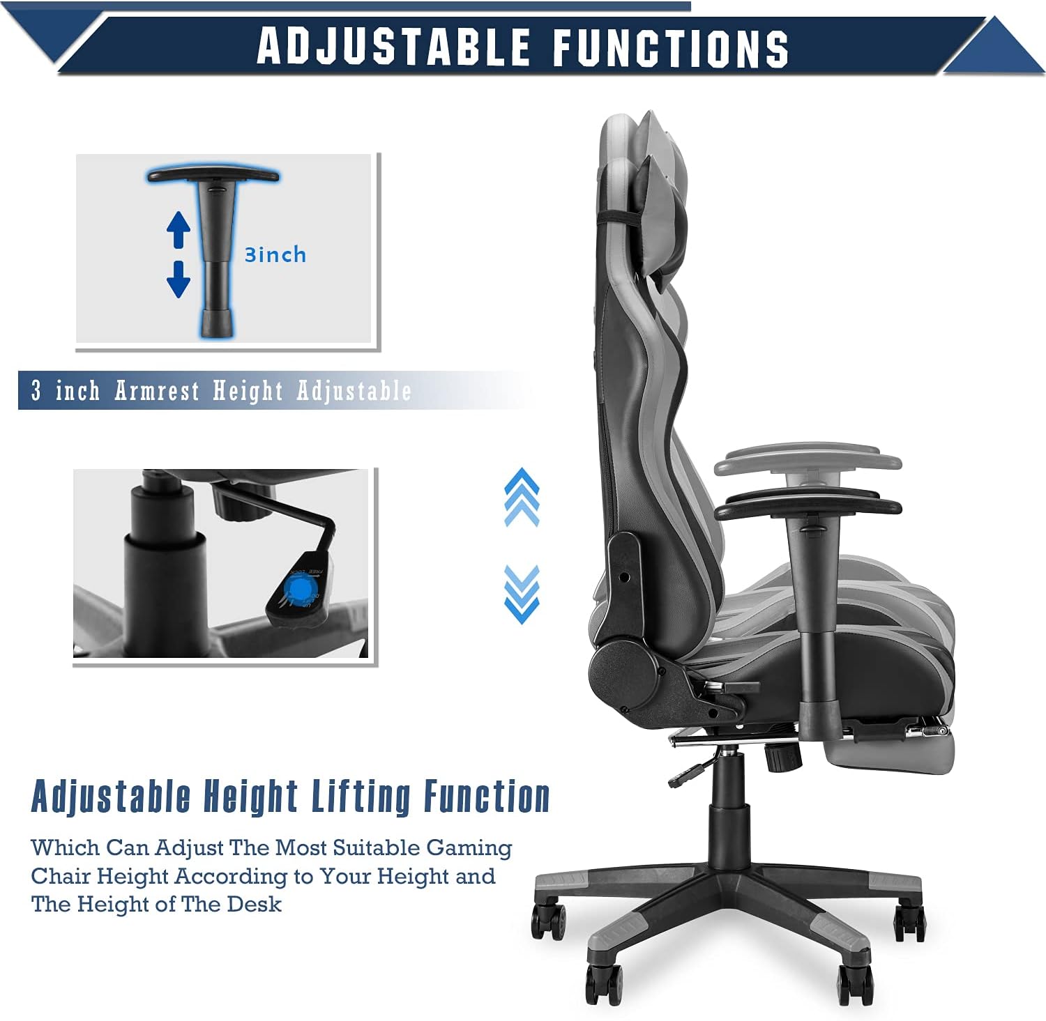 Gaming Chair with Footrest Adjustable Height Headrest Lumbar Pillow k7