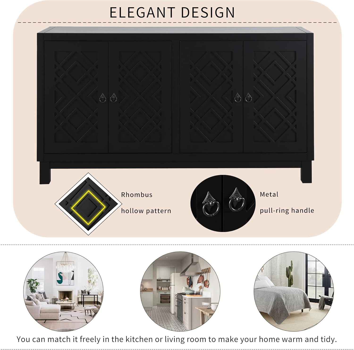 Elegant 4-Door Sideboard Cabinet for Dining Room Black a7
