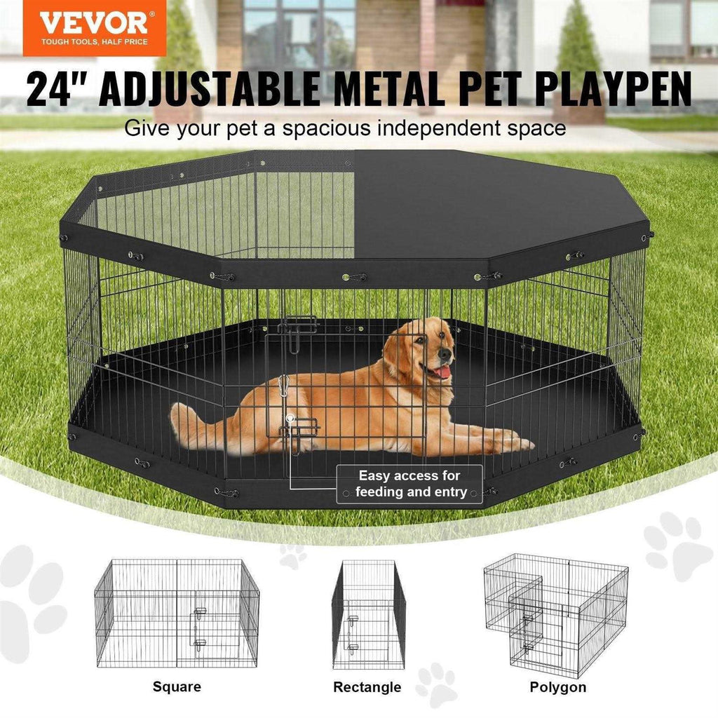 Dog Playpen 8 Panels Foldable Metal with Top Cover and Bottom Pad k7m