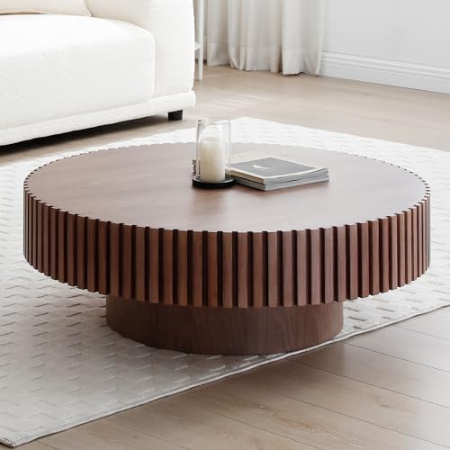 39.37'' Round Coffee Table,Mid Century Modern Fluted Circle Coffee Table,Unique Solid Wood Drum Coffee Table for Living Room,Apartment,Office,Small Space (Walnut)