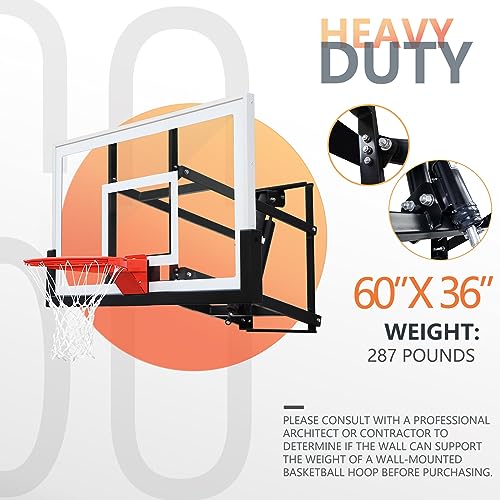 Basketball Hoop Wall Mounted Adjustable Height Tempered Glass Backboard Rim Net k7m