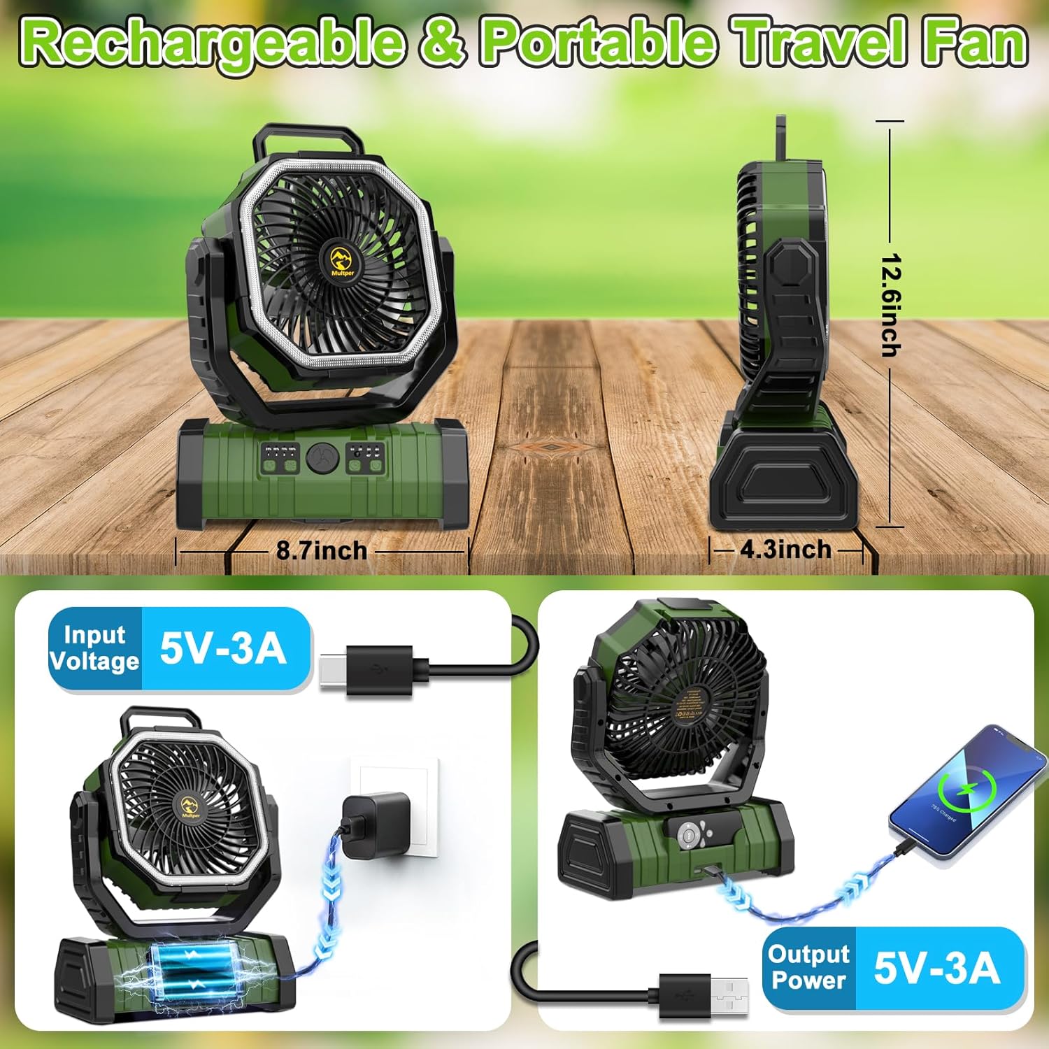 20000mAh Rechargeable Portable Camping Fan with LED Lantern and Remote k7