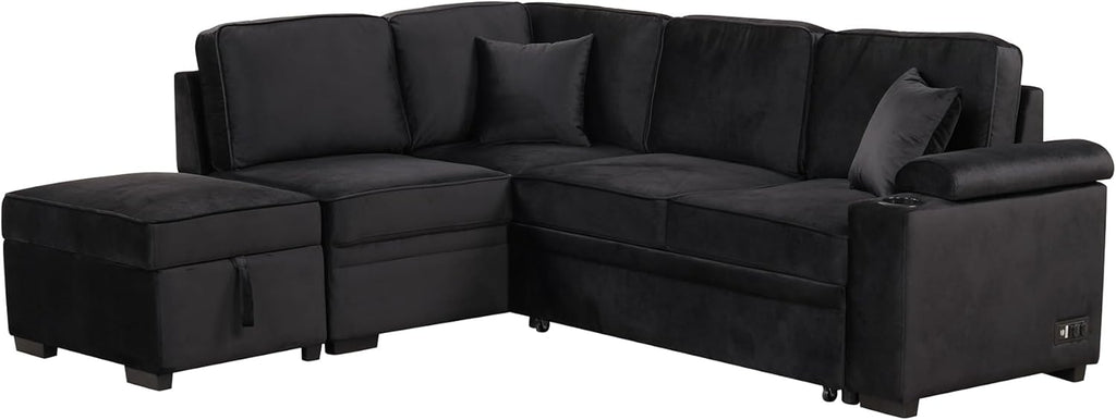 87.4'' Sleeper Sofa Bed 2 in 1 L Shape Couch with Storage Ottoman Black k7