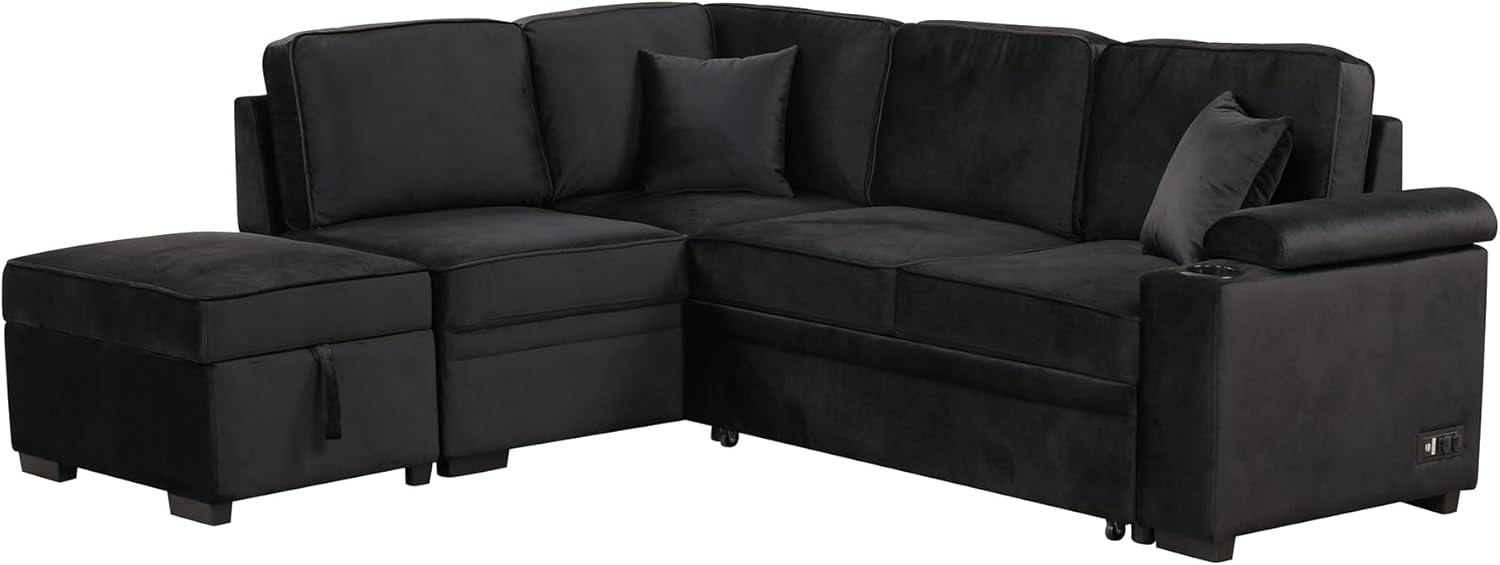 87.4'' Sleeper Sofa Bed 2 in 1 L Shape Couch with Storage Ottoman Black k7