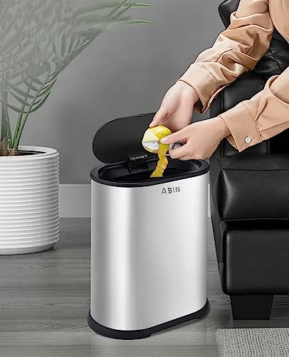 Bathroom Trash Can with Press Top Lid, Stainless Steel Narrow Bin k7m