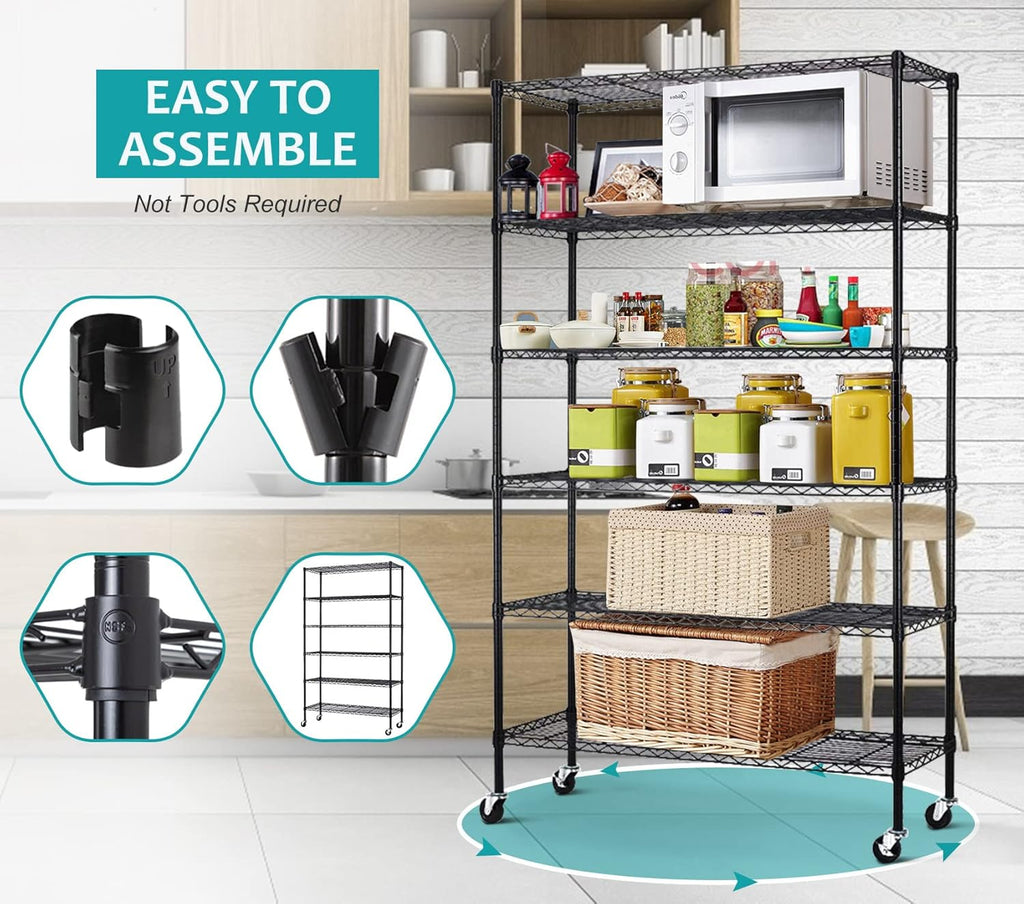 6 Tier Wire Shelving Rack, Heavy Duty Adjustable Storage with Wheels a7