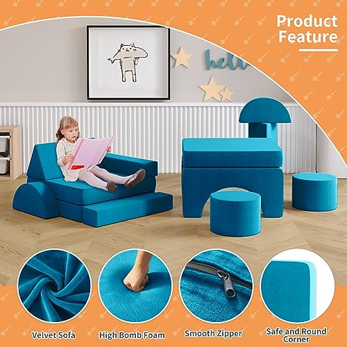 Modular Kids Play Couch with 2 Ottomans, Fold Out for Playroom Bedroom Blueberry L k7q