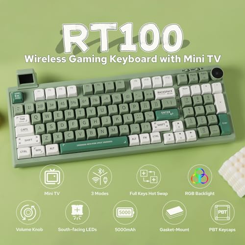 EPOMAKER RT100 97 Keys Gasket BT5.0/2.4G/USB-C Mechanical Keyboard with Customizable Display Screen, Knob, Hot Swappable Socket, 5000mAh Battery for Win/Mac(RT100 Green, Wisteria Linear Switch)