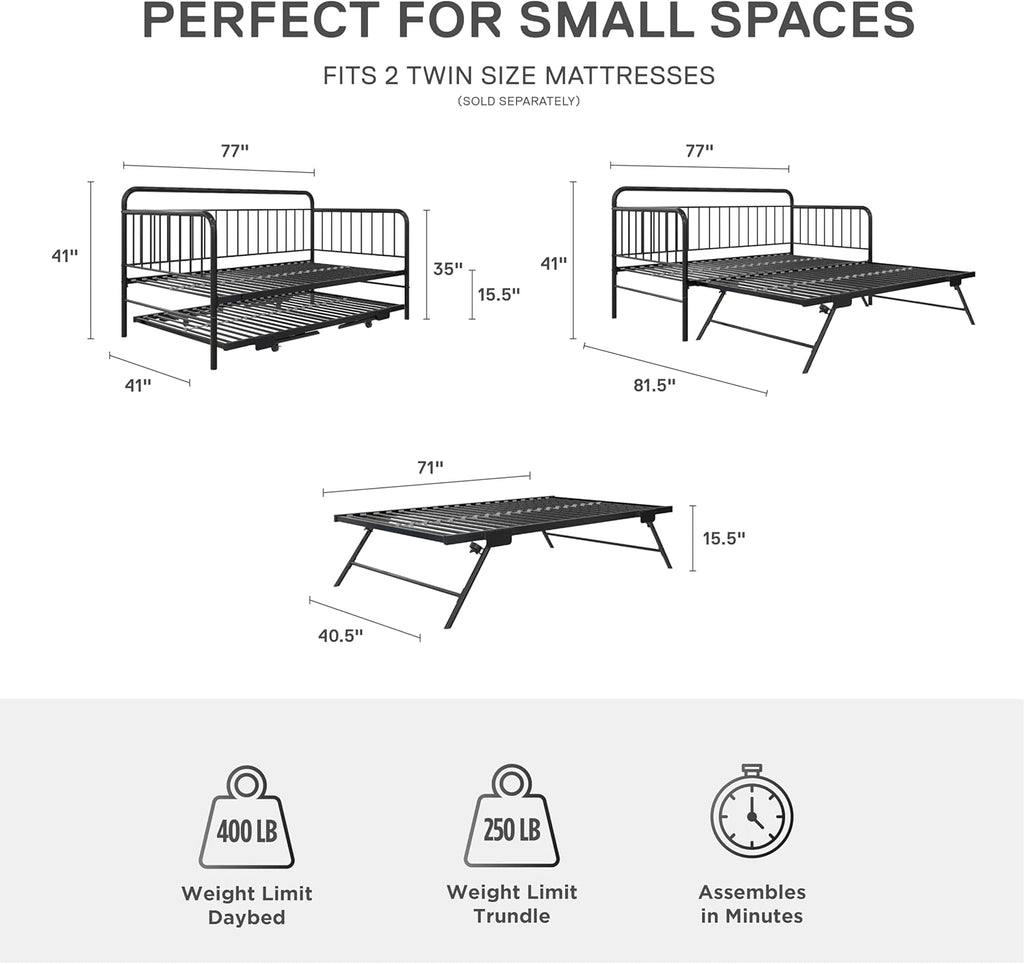 Metal Daybed with Pop Up Trundle Twin Black k7