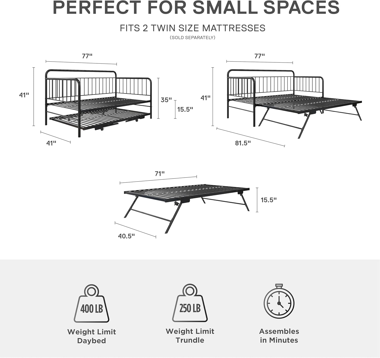 Metal Daybed with Pop Up Trundle Twin Black k7