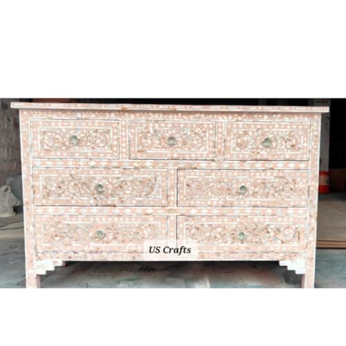Inlay Floral Design Hand Painted Wooden Chest of Drawers for Bedroom, Living Room, Dining Room, Office, Home Decor, Pink (Gray)