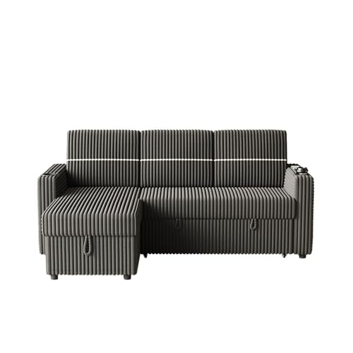 L-Shaped Sleeper Sectional Sofa Bed with Storage Chaise, Corduroy Brown a7