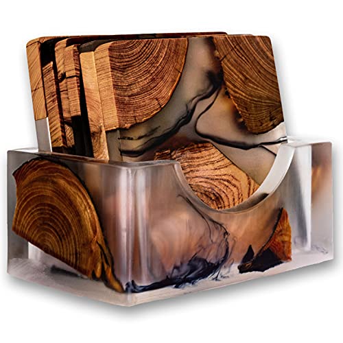 Wooden Coasters Set, Epoxy Coasters, Modern Coasters with Holder, Cedar Wood Coaster (4, No Holder)