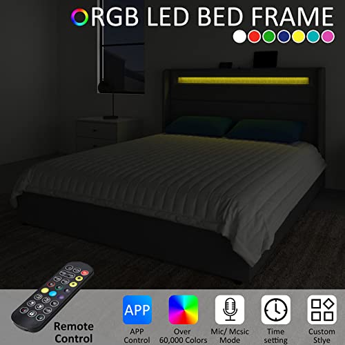 Queen LED Bed Frame with Wingback Headboard, Platform Bed with Storage Drawers a7k
