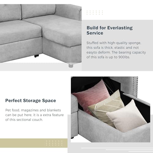 L Shaped Convertible Sleeper Sectional Sofa with Storage Chaise Gray k7