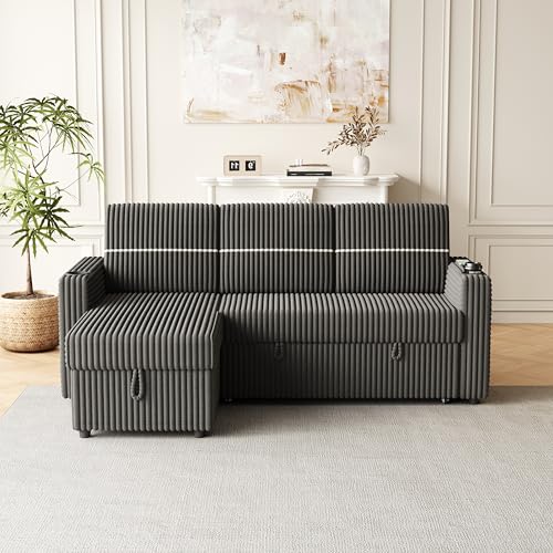 L-Shaped Sleeper Sectional Sofa Bed with Storage Chaise, Corduroy Brown a7