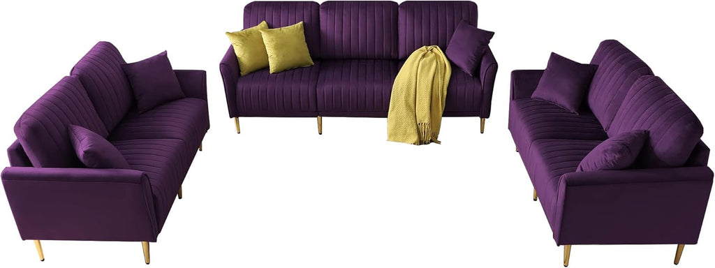 Modern Velvet Sectional Sofa Set with Metal Legs Purple k7m