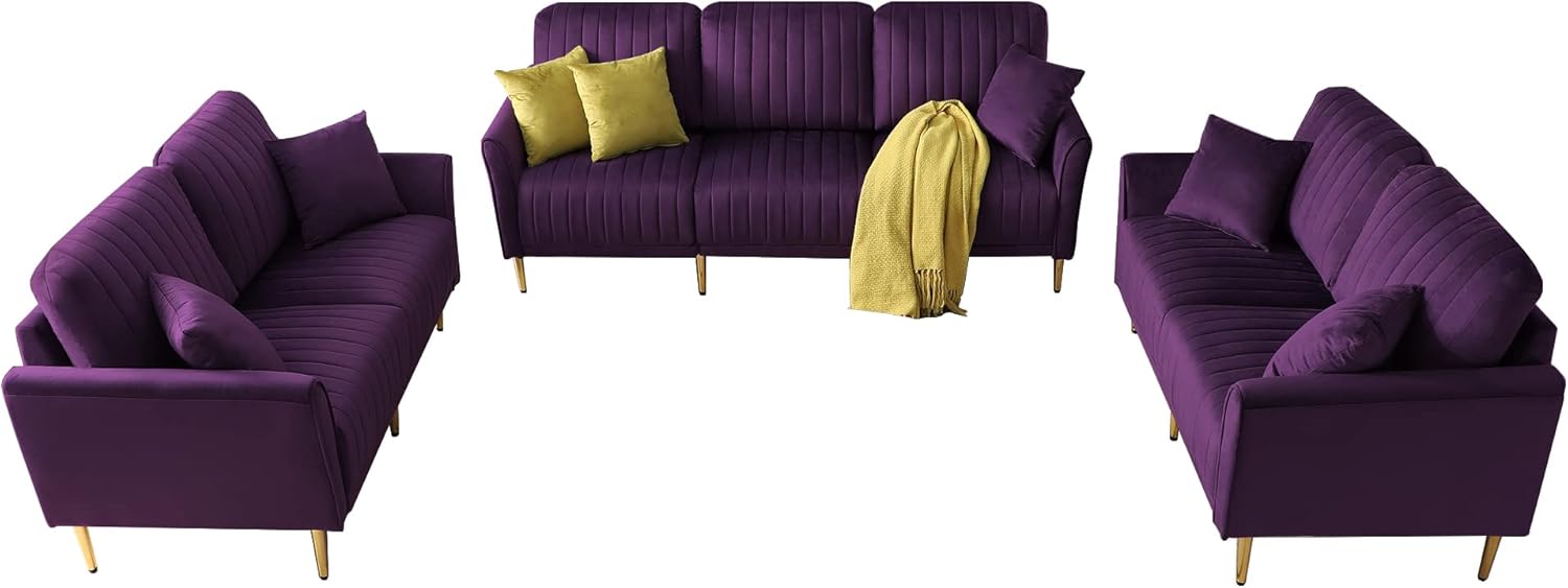 Modern Velvet Sectional Sofa Set with Metal Legs Purple k7m