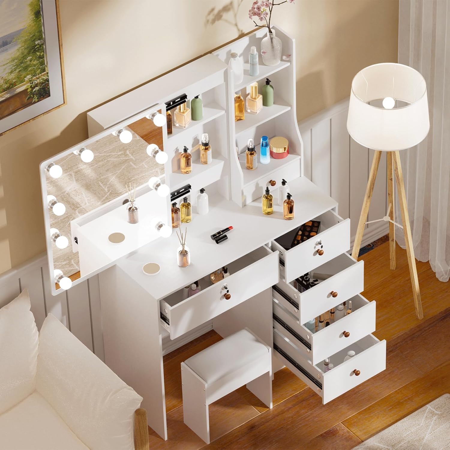 Makeup Vanity with Sliding Mirror and Lights for Home k7p