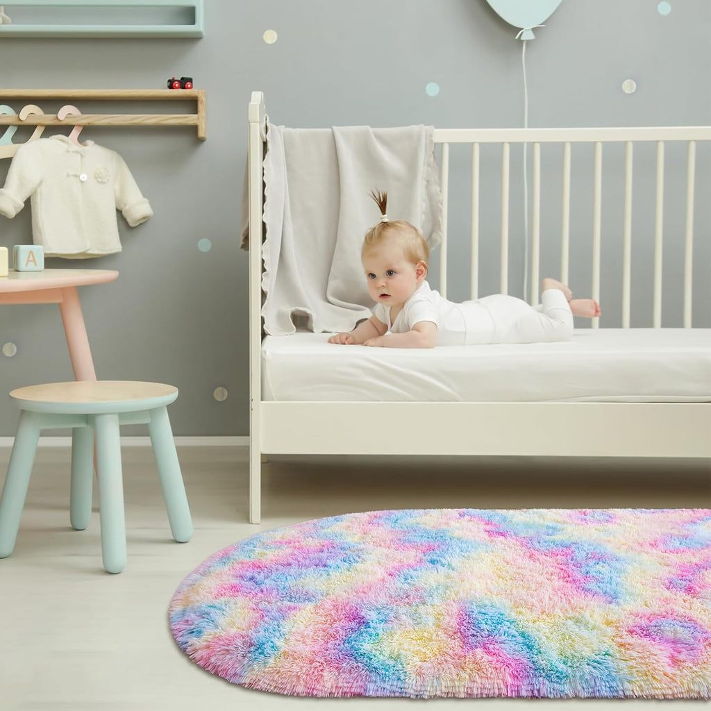 Fluffy Shag Area Rug for Bedroom Set of 2, Grey & Rainbow Oval Carpet k7m