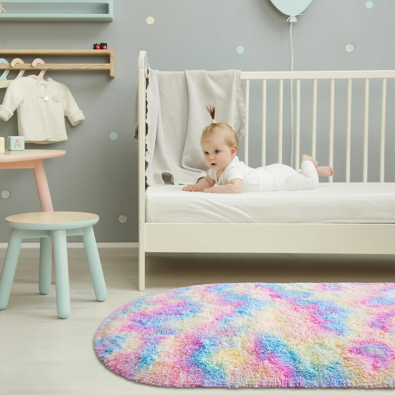 Fluffy Shag Area Rug for Bedroom Set of 2, Grey & Rainbow Oval Carpet k7m