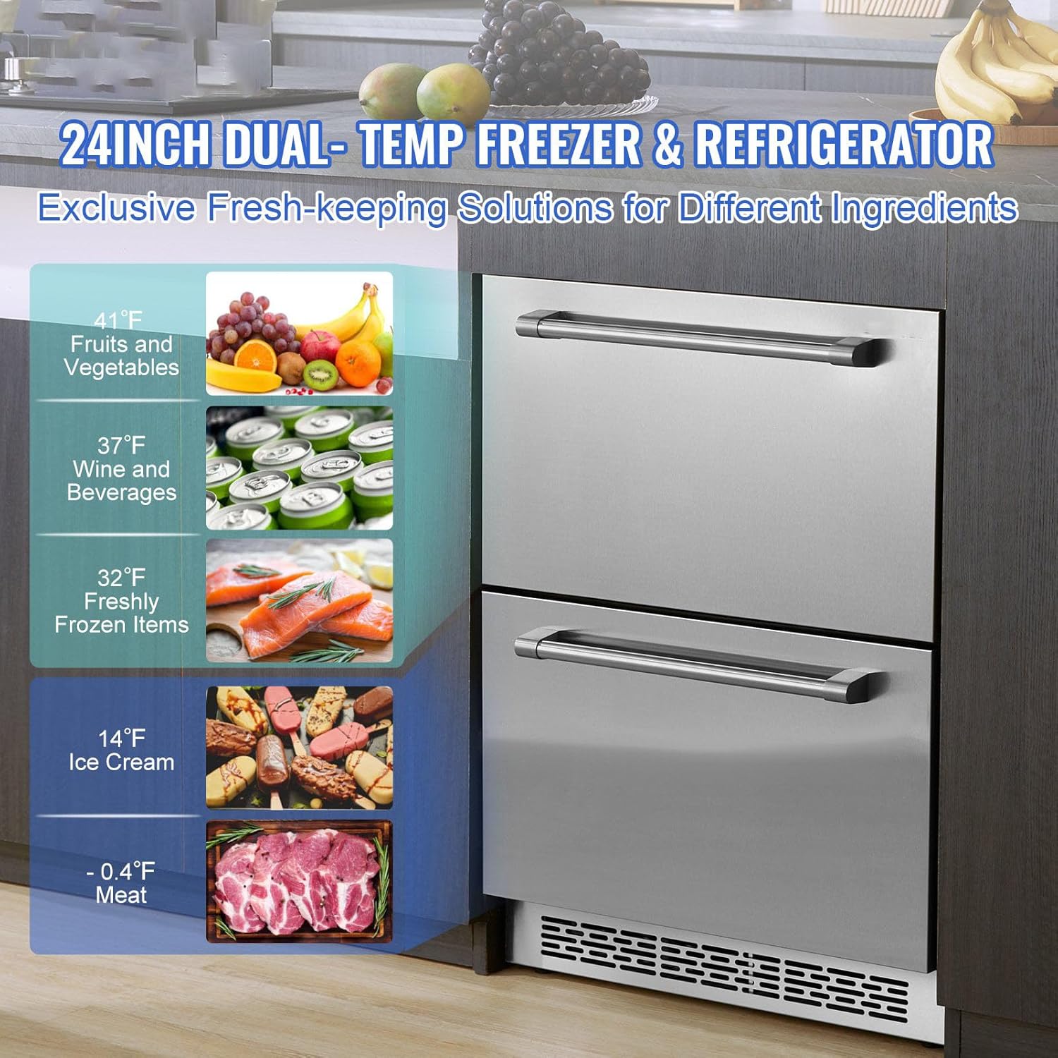 24 inch Undercounter Refrigerator 2 Drawer Silver k7m