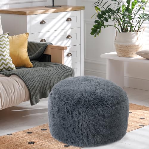 Plush Faux Fur Round Pouf Ottoman with Supportive Filling a7
