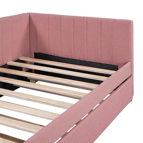 Upholstered Daybed with LED and Trundle, Teddy Fleece Sofa Bed for Kids Bedroom Dorm Beige k7