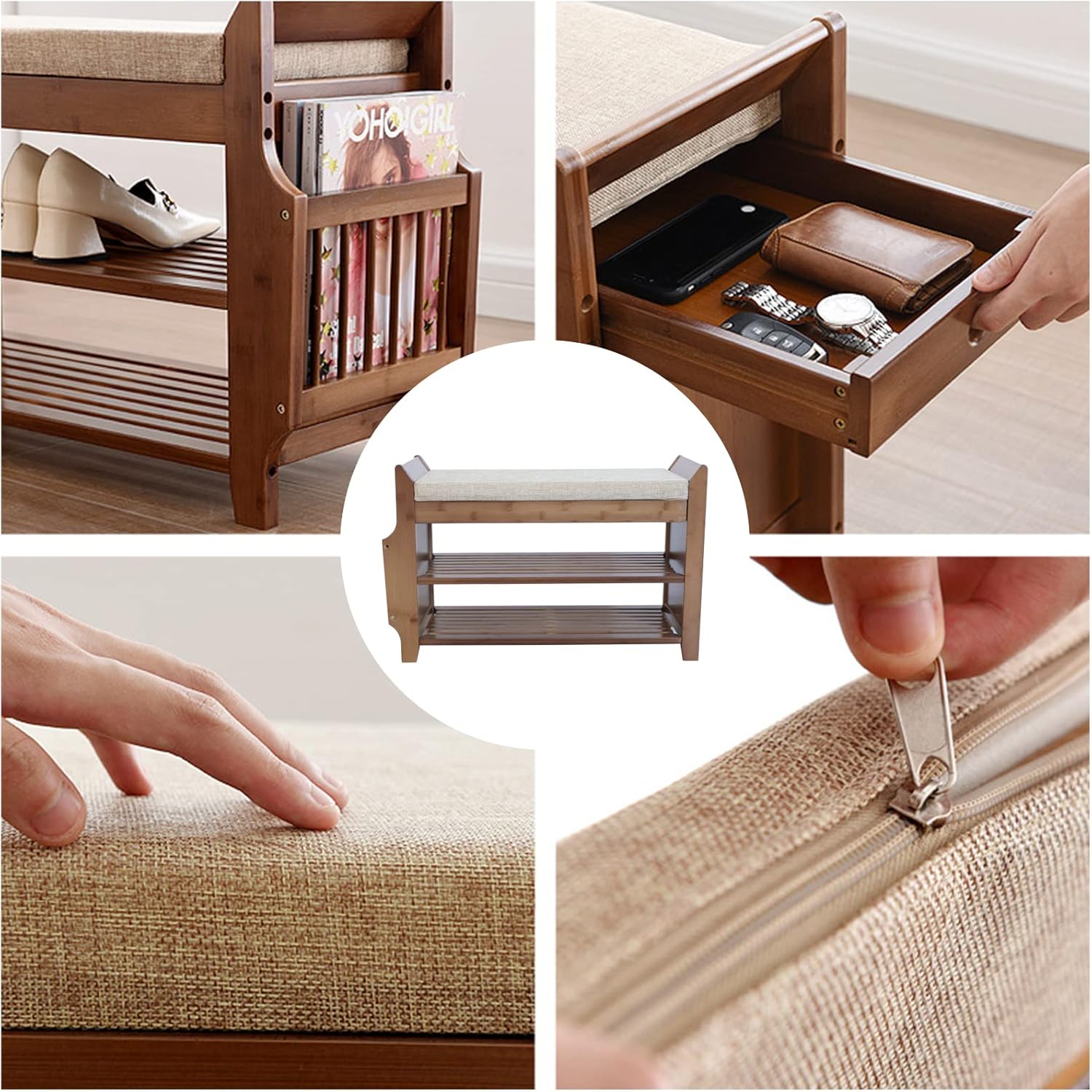 Bamboo Shoe Bench with Seat Cushion Entryway Storage Shelf a7