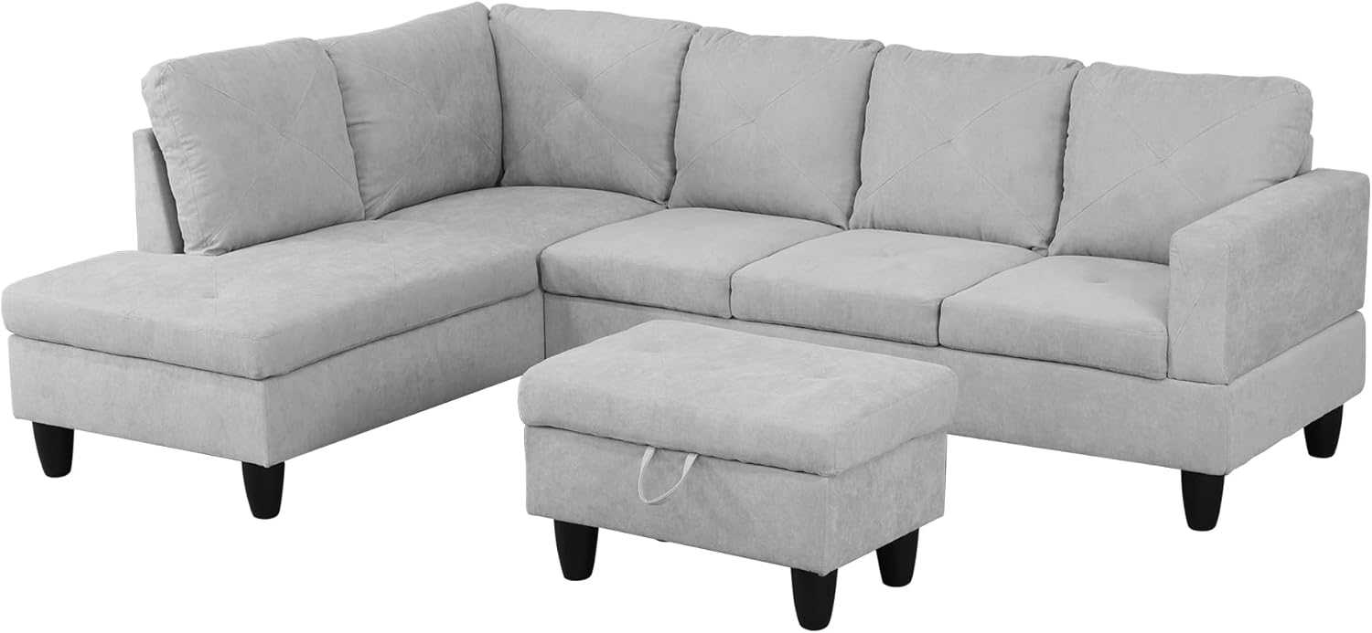 L-Shaped Corner Sofa with Left Chaise & Storage Ottoman k7m