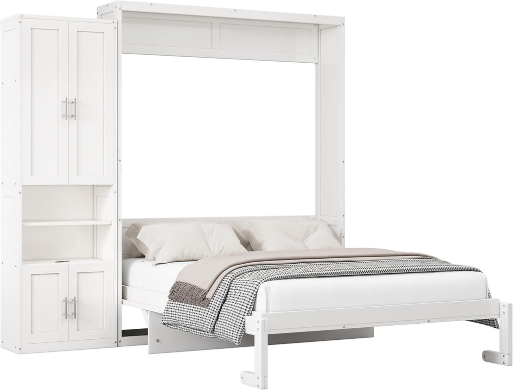 Queen Size Murphy Bed Chest with Desk and Side Storage Cabinet White a7
