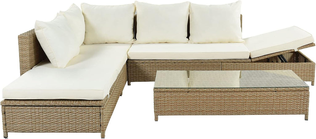 3-Piece Patio Rattan Sectional Sofa Set with Glass Table a7k