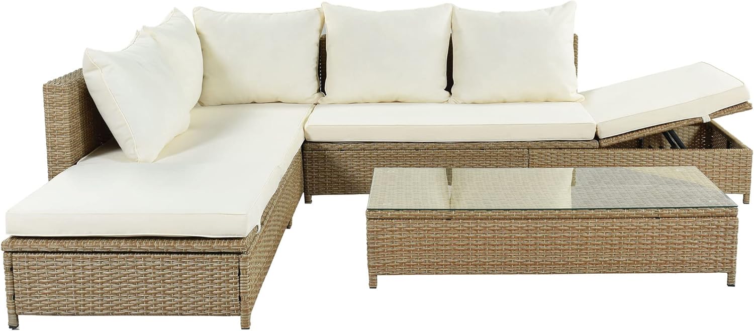 3-Piece Patio Rattan Sectional Sofa Set with Glass Table a7k