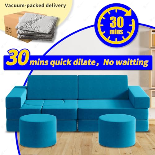 Modular Kids Play Couch with 2 Ottomans, Fold Out for Playroom Bedroom Blueberry L k7q