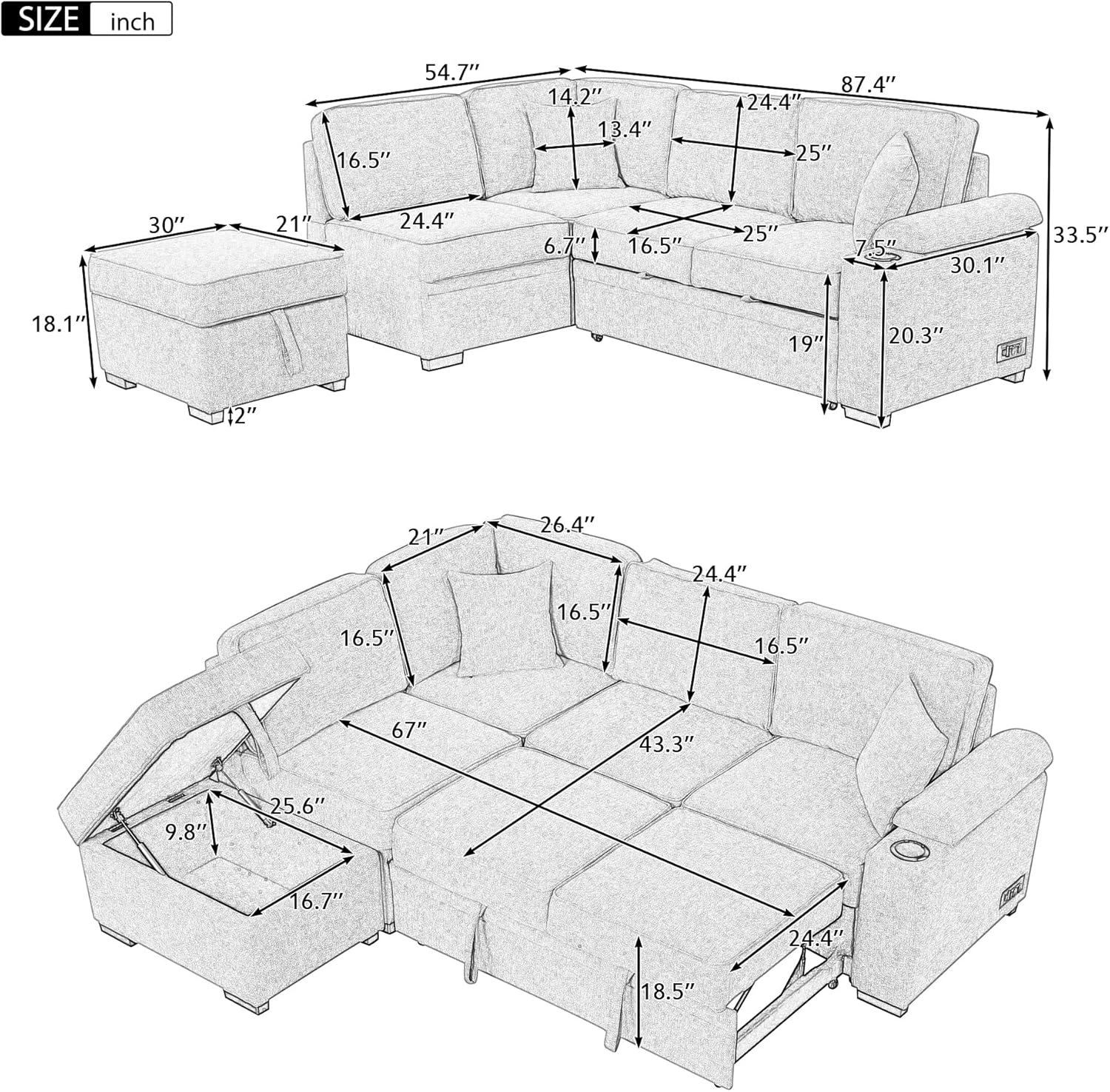 87.4'' Sleeper Sofa Bed 2 in 1 L Shape Couch with Storage Ottoman Black k7