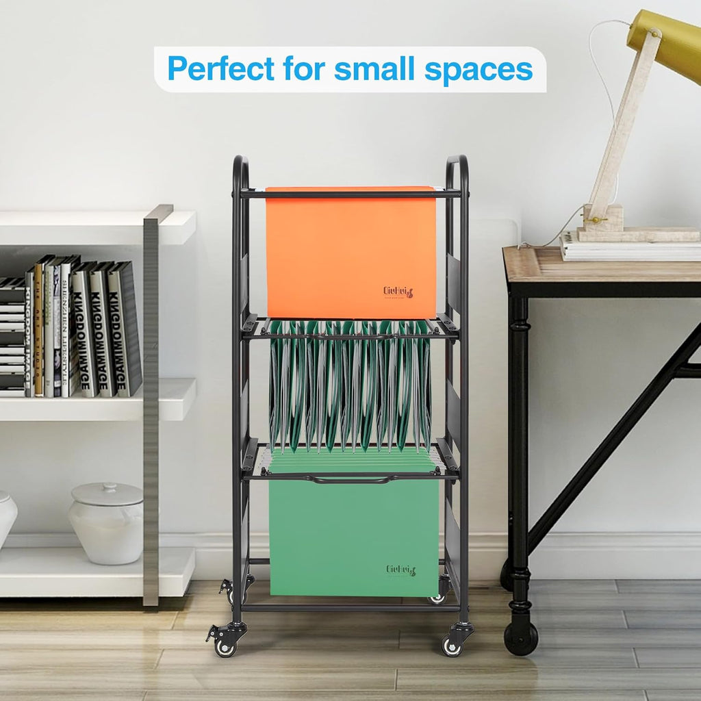 Black Rolling File Cart with Wheels Hanging Rack A7