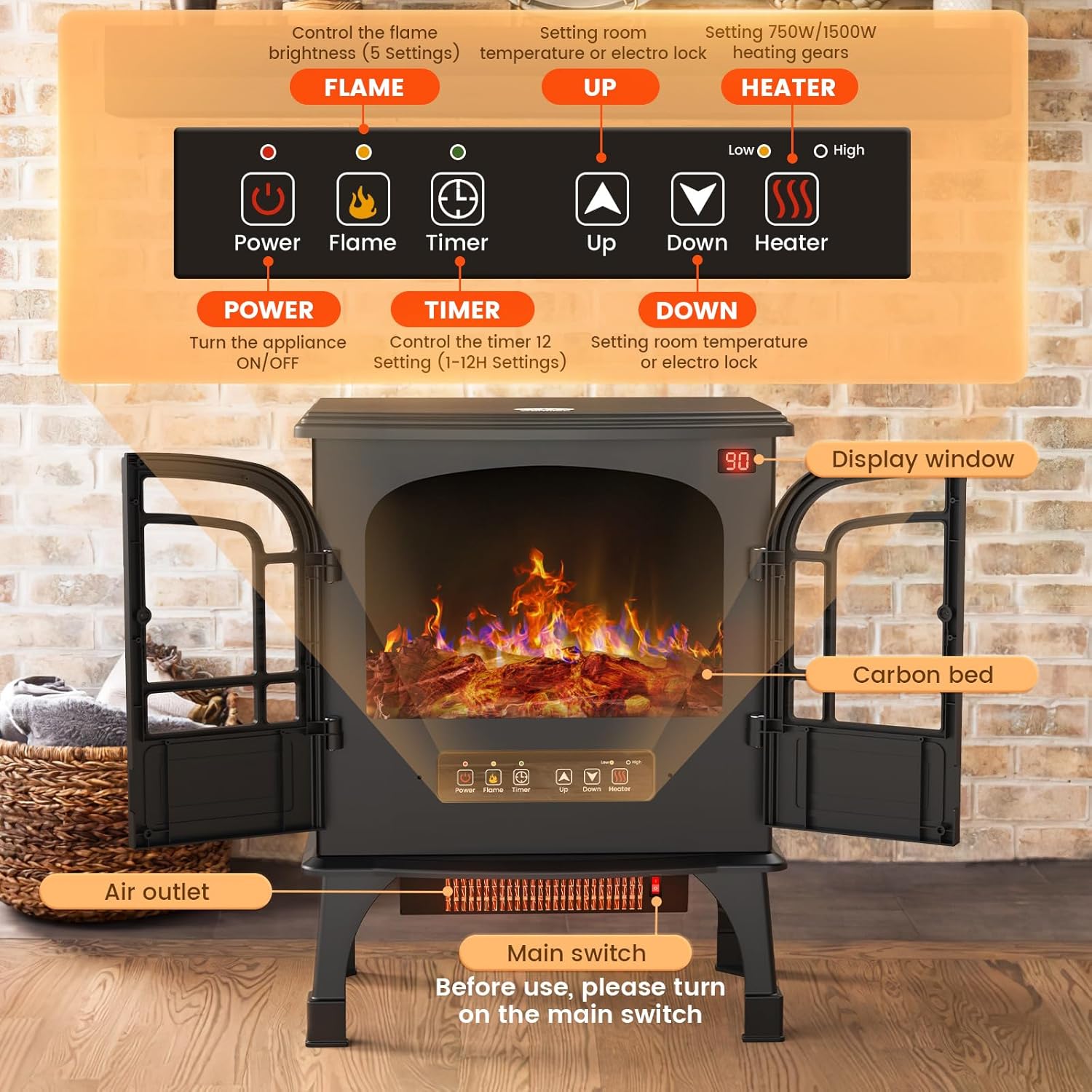 Electric Fireplace Heater with Remote Control, 3D Flame, Timer k7p