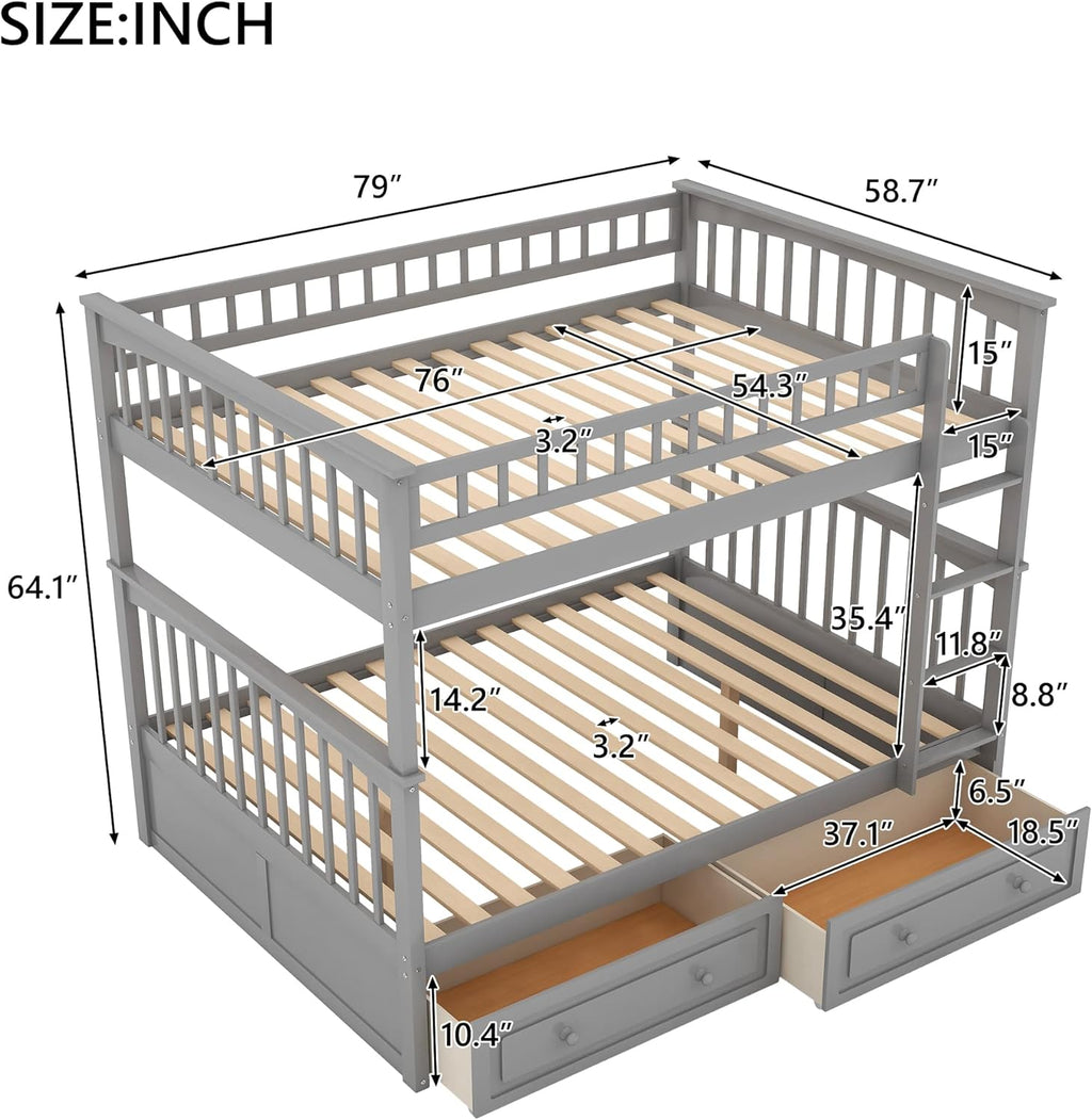 Full Over Full Bunk Bed with Drawers Gray a7