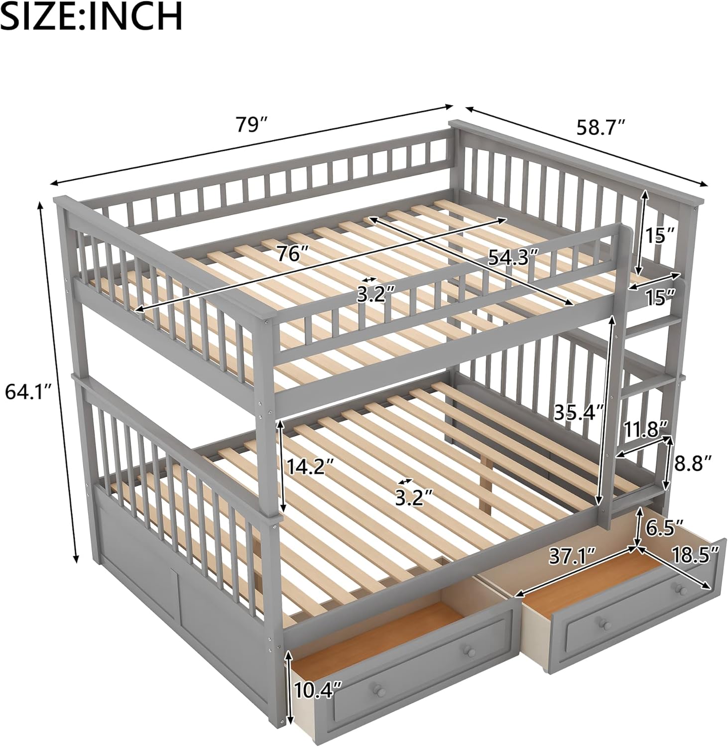 Full Over Full Bunk Bed with Drawers Gray a7