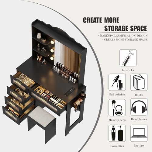 Vanity Desk with Mirror and Lights, 5 Drawers, White a7