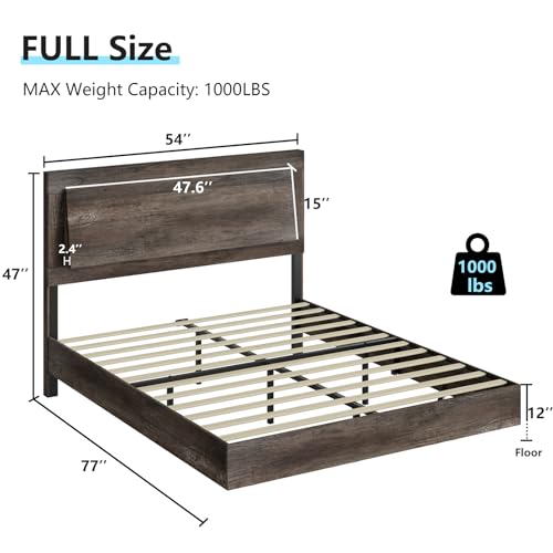 Rustic Grey Floating Platform Bed Frame with Headboard and LED Light k7m