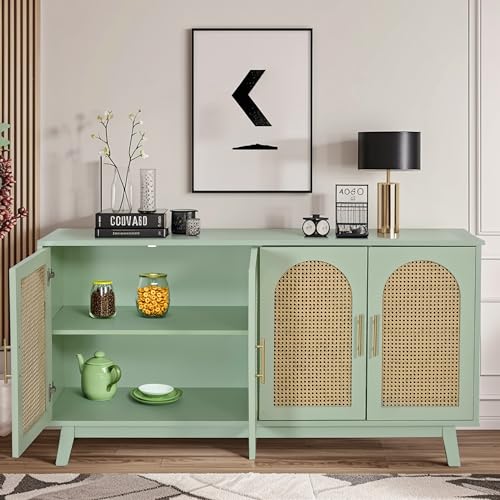 Sideboard Storage Cabinet with Rattan Decorated 4 Doors Mint Green k7p