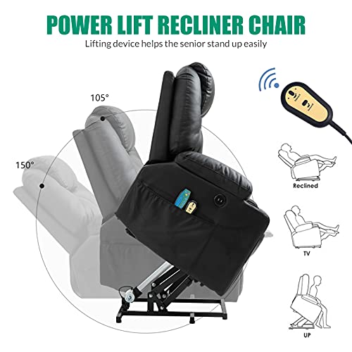 Power Lift Recliner Chair for Elderly Heated Massage Fabric with USB Ports Grey k7m