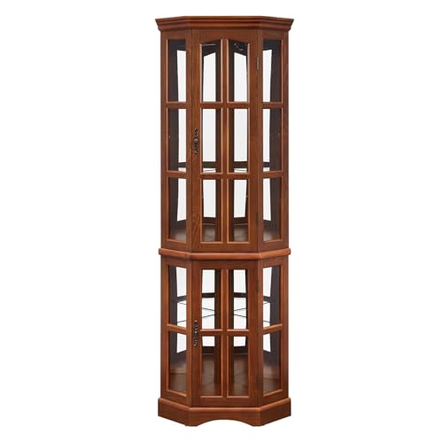 Corner Curio Cabinet with 5 Shelves and Lighting, Tempered Glass Doors Oak k7m
