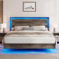 Full Size Floating Bed Frame, Farmhouse Platform Bed Frame with Headboard and LED Light/No Box Spring Needed/Noise Free/Easy Assembly, Rustic Grey