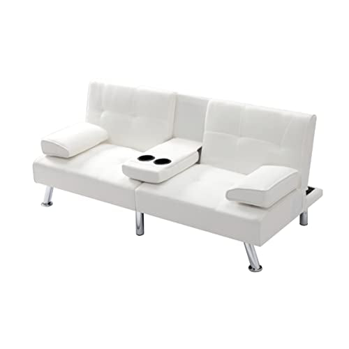 Synthetic Leather Convertible Futon Sofa Bed with Cup Holders Beige k7